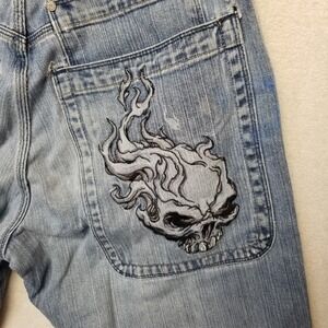 Vintage JNCO Flaming Fire Skull 32 x 30 Blue Jeans Baggy Distressed Pant Y2K 90s
